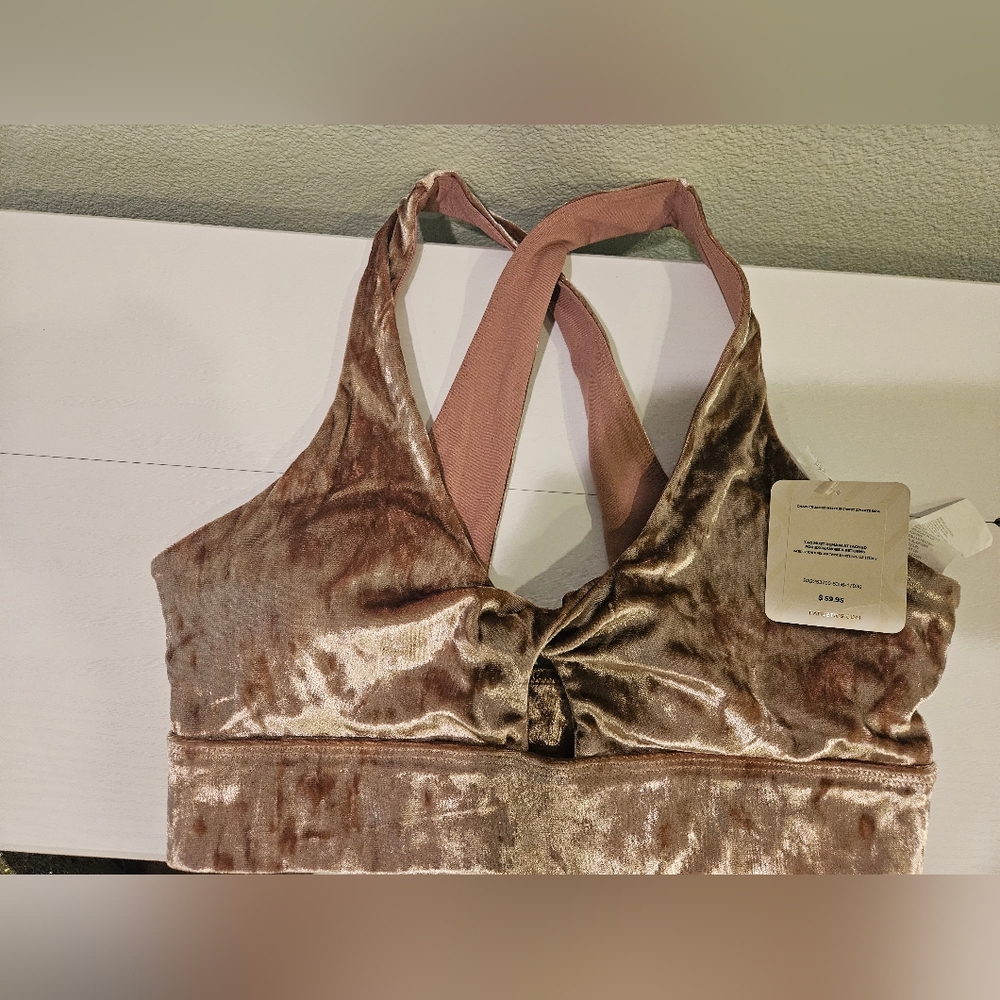 Fabletics Velvet Sports Bra in Rose Gold and Pink